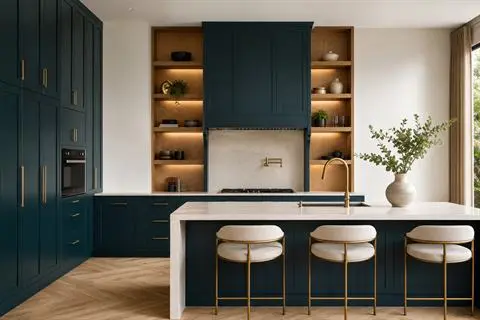Modern modular kitchen with teal cabinetry and oak details in Cagayan de Oro